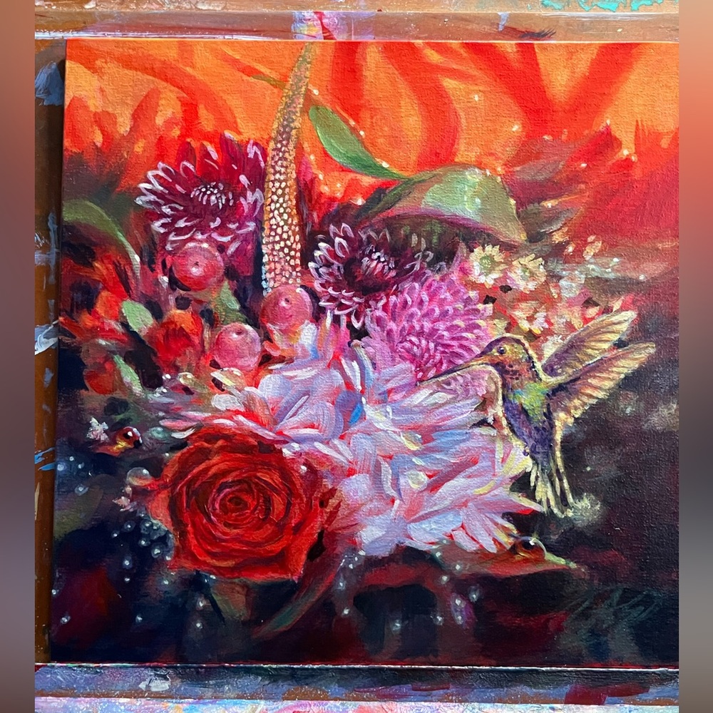 Hummingbird sunrise original painting ladybug bouquet flowers still life surreal